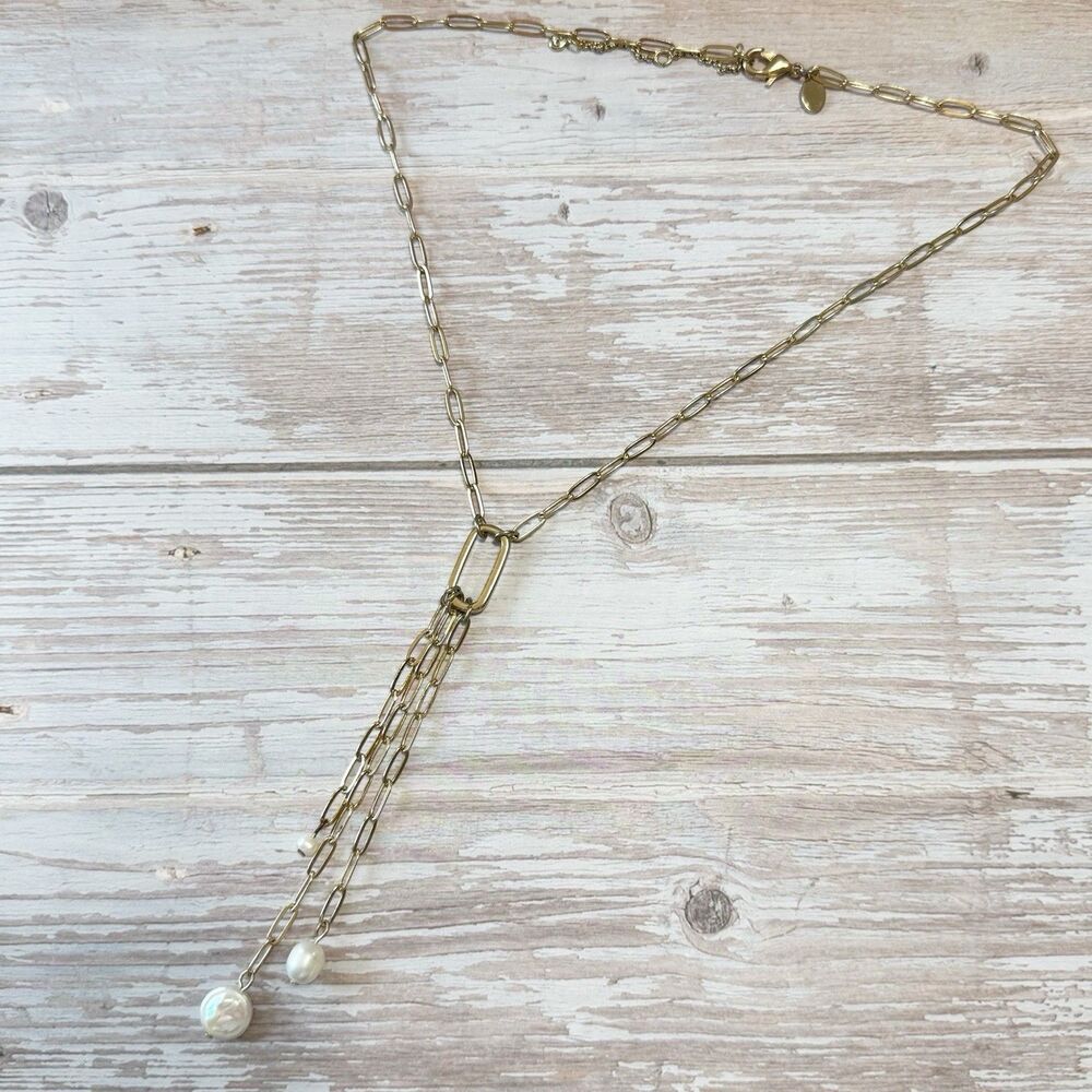 Express Gold Plated Paper clip Chain Triple Y Drop Necklace Genuine Pearl Dangle